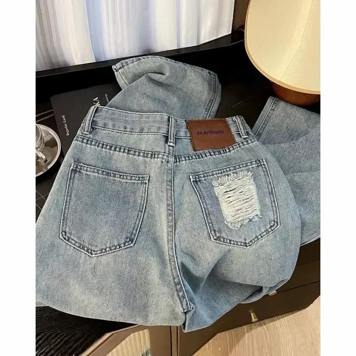 Pantalon en denim bleu clair pour femmes, coupe ample, taille haute, décontracté, vintage, déchiré, nouvelle collection automne, idéal pour toutes les occasions