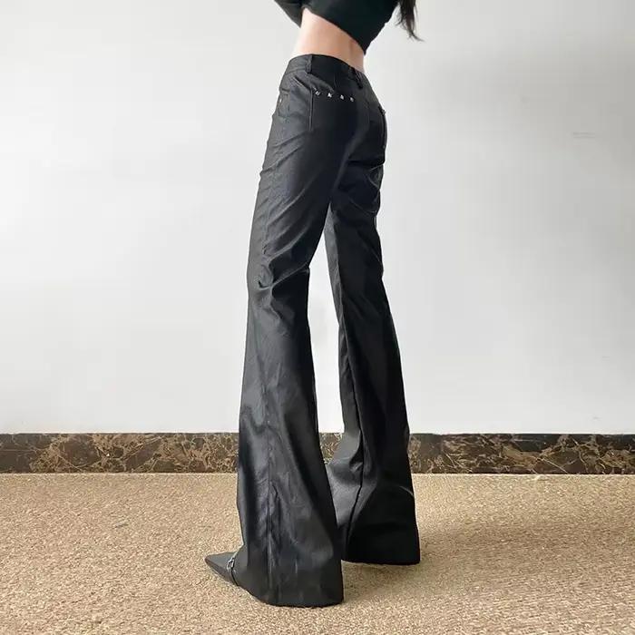 Y2K Pu cuir Flare pantalon femmes mode Streetwear Rivet noir