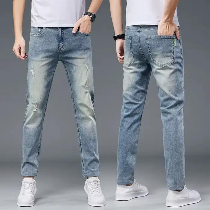 Jeans Homme Printemps-Été Déchirés Extensibles Coupe Slim Droite Affinée Décontractés Effet Vieilli Délavé Bleu Légers Doux Durables