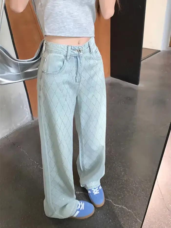 Jean Baggy bleu à carreaux pour femmes