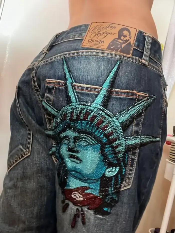 Vintage Liberty brillant strass jean décontracté Denim pantalon taille basse droite jambe large
