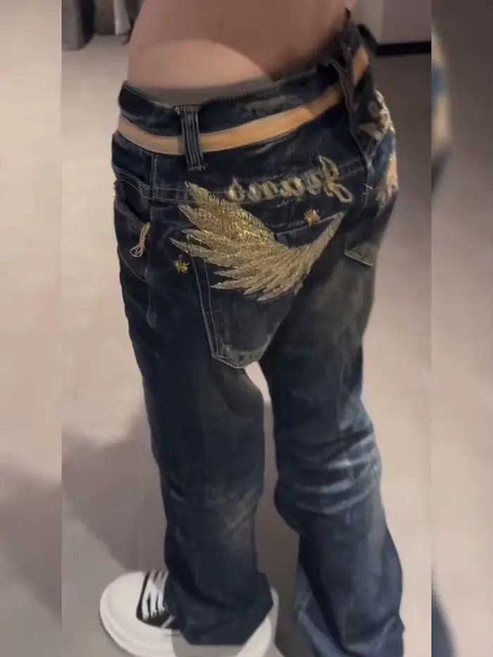 Nicemix américain or aile brodé taille basse jean pour les femmes printemps nouvelle mode épicé fille minceur décontracté Flare pantalon