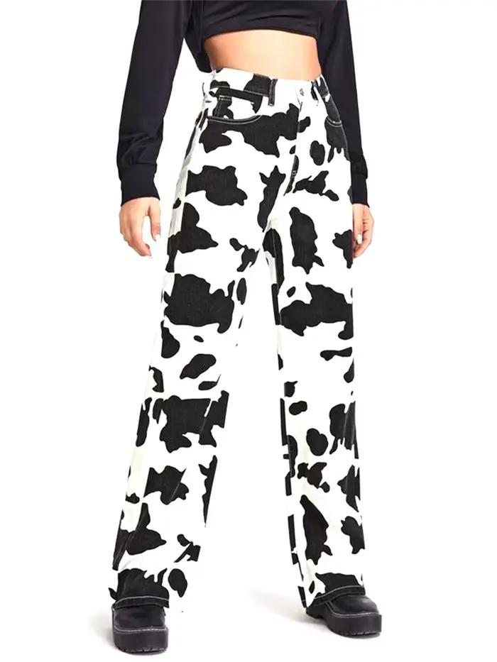 Jeans taille haute à motif de vache pour femmes