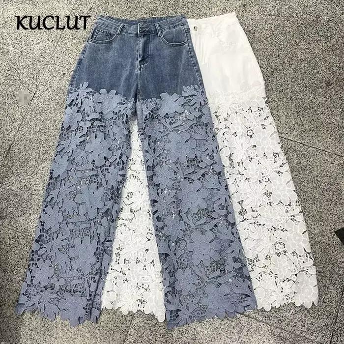 Jean à jambes larges en dentelle ajourée KUCLUT pour femme, jeans amples enduits, style high street, polyvalent pour toutes les saisons