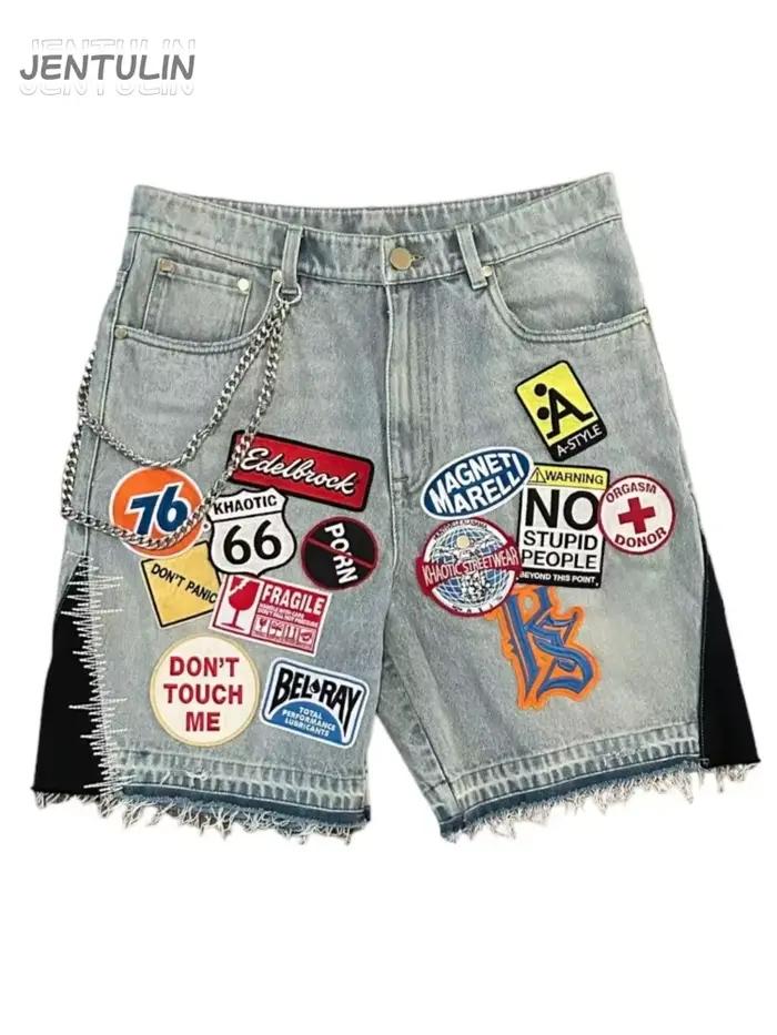 Short en jean patchwork bleu rétro Y2K pour homme et femme