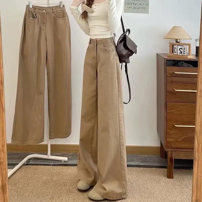 Jean large kaki pour femme, style rétro, taille basse, coupe ample, pantalon en denim uni décontracté pour femme