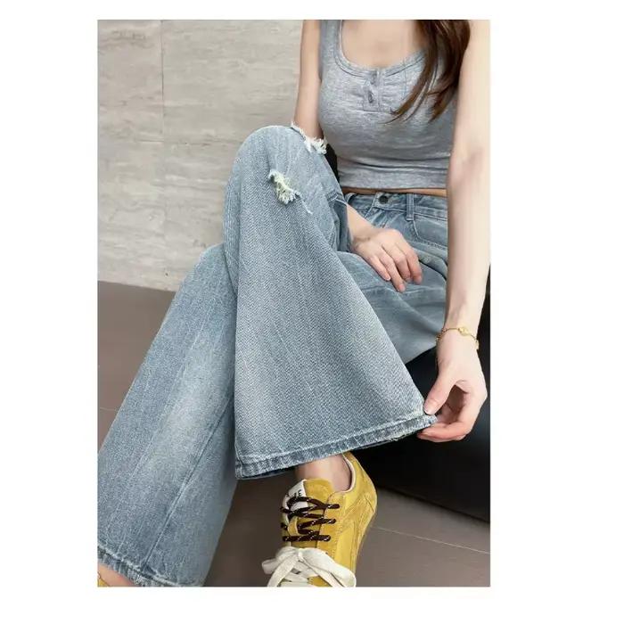Jean vintage déchiré pour femme, coupe droite ample, taille haute, longueur au sol, bleu, été, style décontracté, confort, occasion spéciale