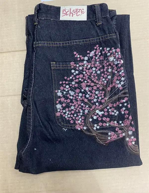Jean Baggy BiggOrange Brodé Fleurs Cerisier Pantalon Vintage Taille Basse Jambes Larges Vêtements Y2K Hommes Femmes Occasions Décontractées