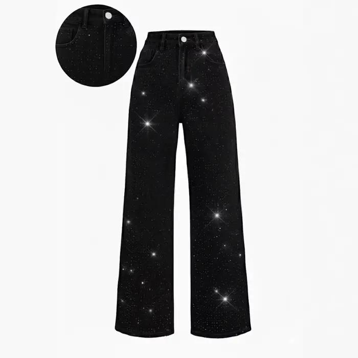 Femmes diamants épissé jean élégant décontracté taille Midi Denim pantalon solide poches bouton
