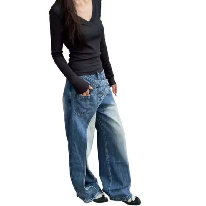 Jean en denim délavé grande taille style streetwear américain pour femme