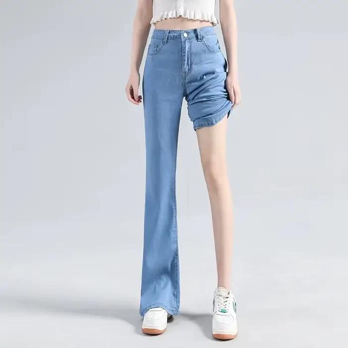 Loycell bleu ciel glace soie botte coupe pantalon 2025 été mode décontracté taille haute mince Simple polyvalent Micro évasé femmes jean