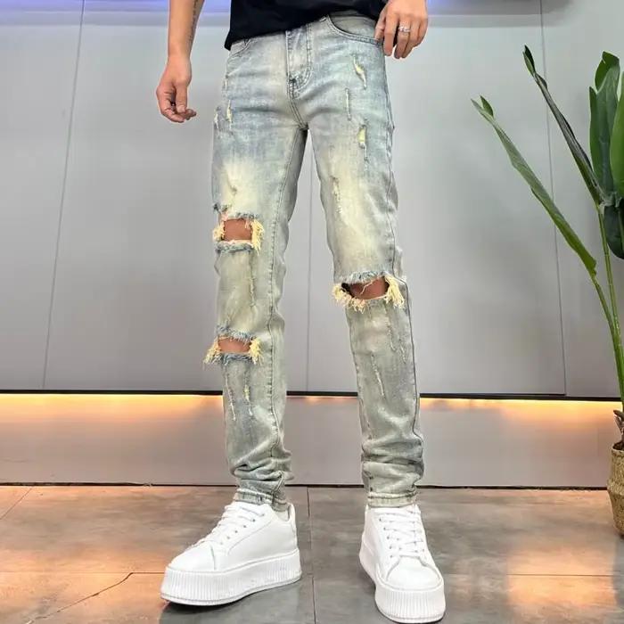 Jean déchiré aux genoux homme style rétro décontracté pour printemps automne ocasions casual