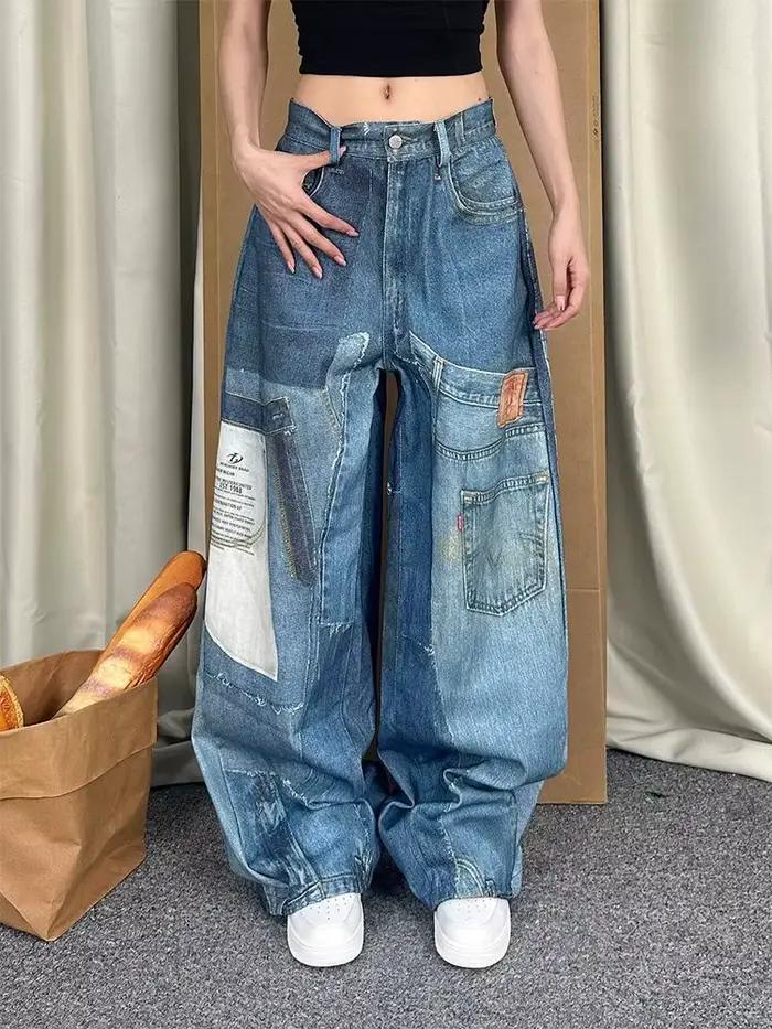 Jeans Baggy Empilé à Jambes Larges pour Femme Style Punk Grunge Y2K Occasions Spéciales Garde-Robe Mode Rebellon