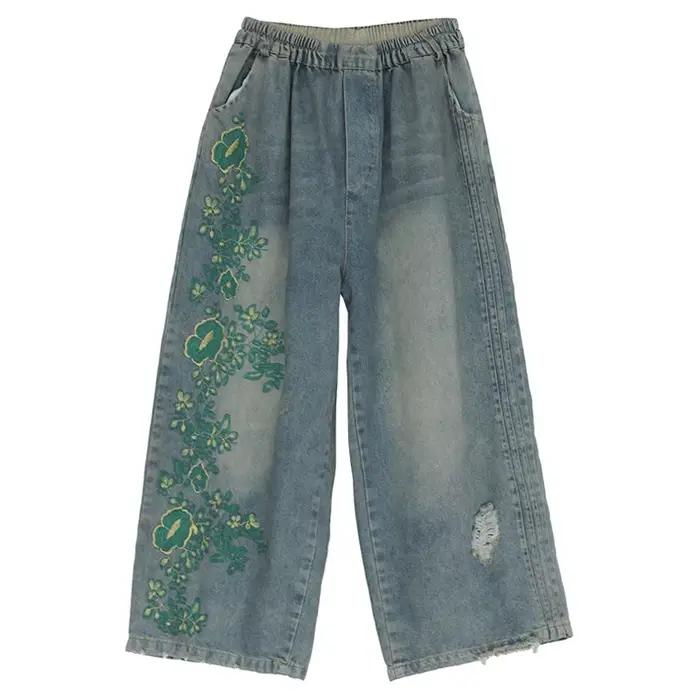 Jean Vintage en Denim avec Broderie Florale pour Femme