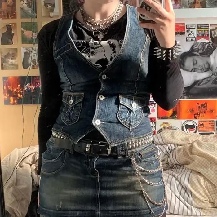 Femmes Denim gilet veste sans manches lavé col en V simple boutonnage poches gilets minces Streetwear femme été Vintage