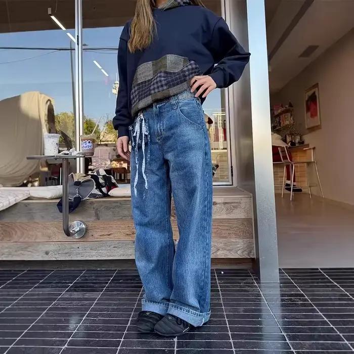 Jeans Design Bamboo, pantalon large et polyvalent à jambe droite et délavée pour femmes