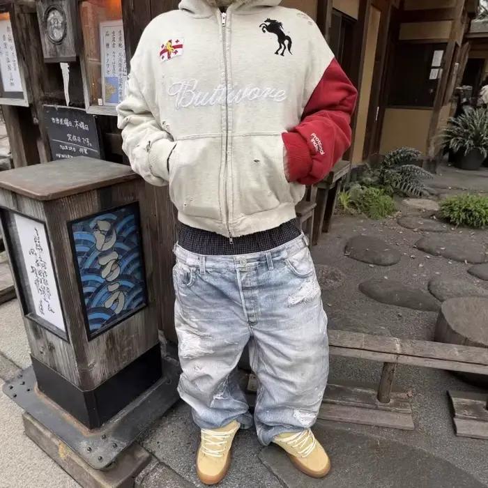 Jeans en coton double taille coupe droite ample style streetwear américain pour hommes printemps occasionnel