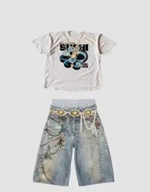 Shorts de sport dégradés en denim coton pour jeunes filles style Y2K amples et décontractés ocassions estivales et automnales