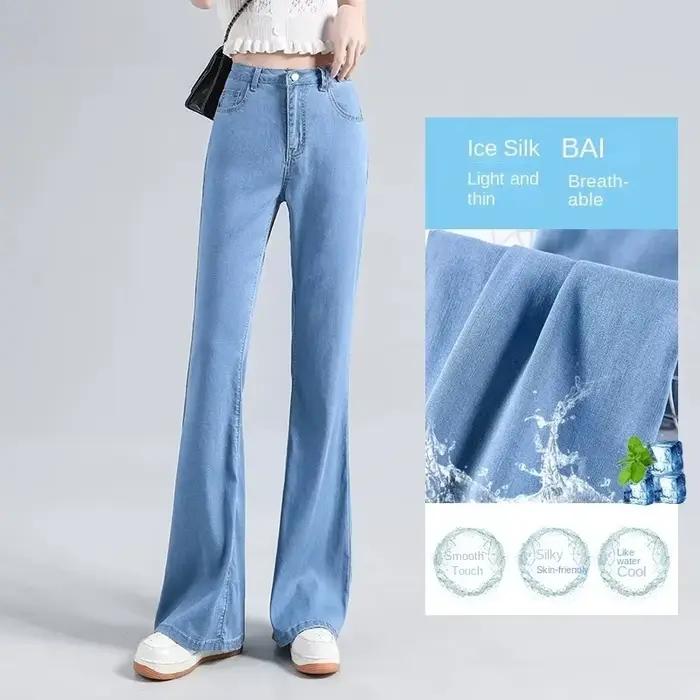 Loycell bleu ciel glace soie botte coupe pantalon 2025 été mode décontracté taille haute mince Simple polyvalent Micro évasé femmes jean
