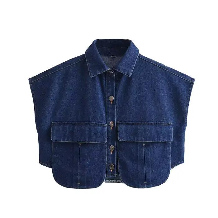Chemisier court en denim décontracté avec col rabattu et poches pour femmes de style streetwear, polyvalent pour toutes les saisons