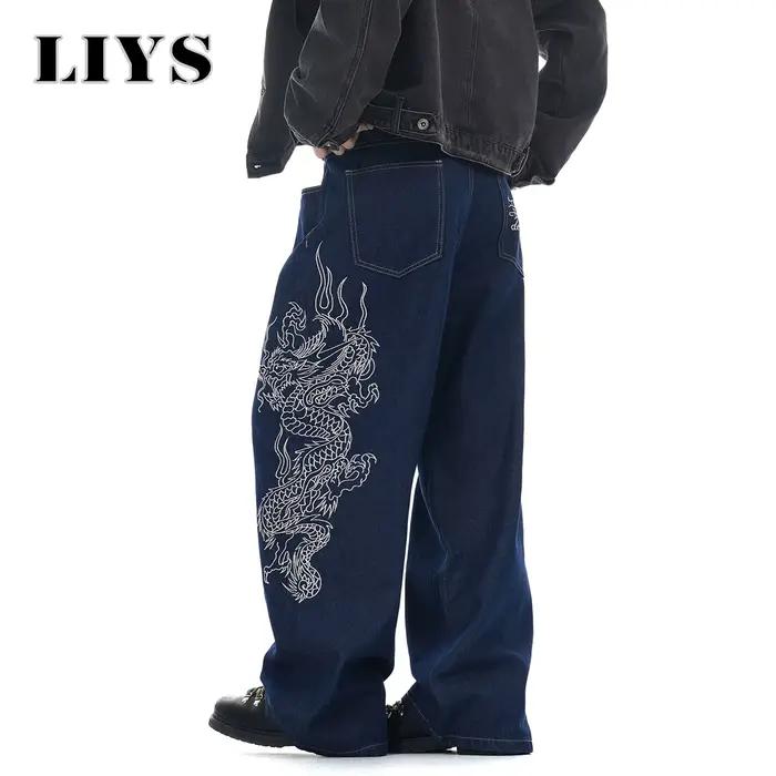 LIYS Nouveau Jean Baggy Bleu Brodé Dragon pour Homme