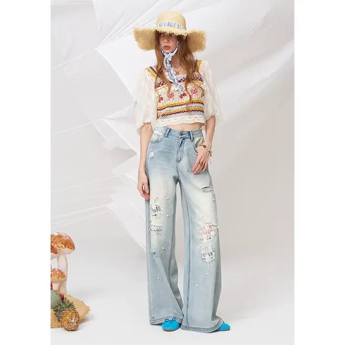 ELFSACK Jean bleu clair délavé à jambes larges