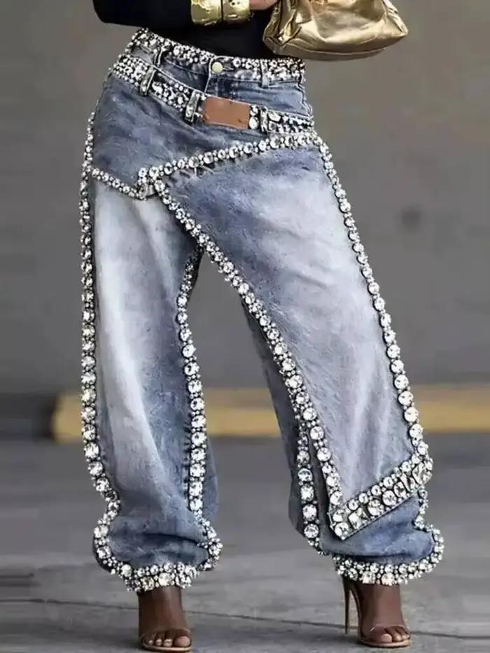 SHENGPALAE Jean Femme Coupe Large Superposé Patchwork Délavé Décor Strass Asymétrique Streetwear Tendance Été 2026 Nouveauté 05E02954