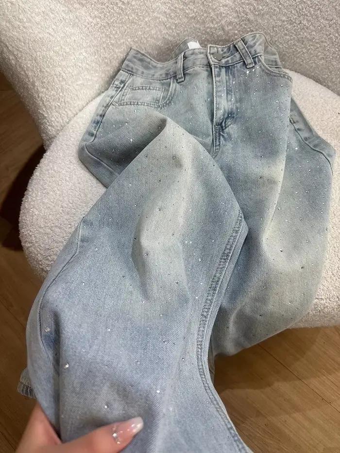 Jean rétro en strass pour femme 2026 – Nouveau pantalon décontracté en denim coupe droite