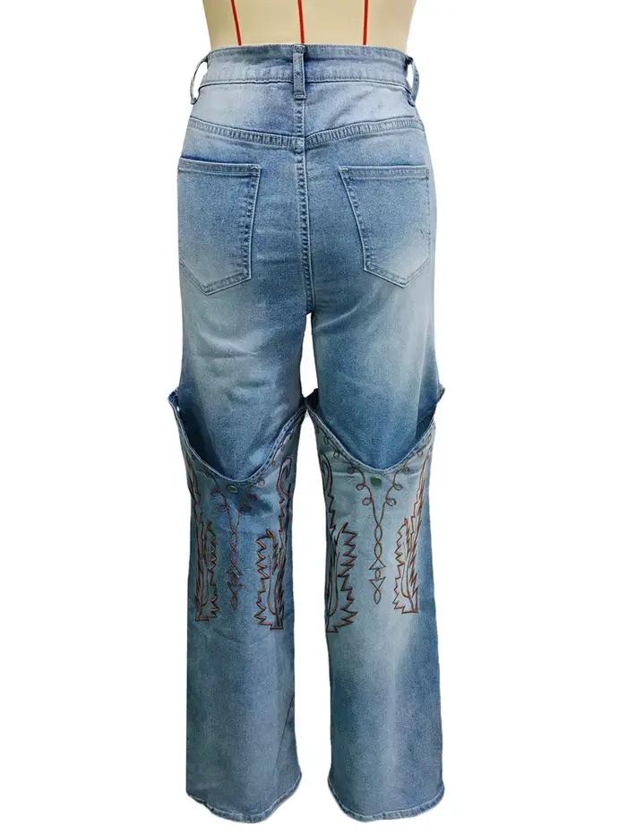 2025 été mode femme Vintage broderie Denim pantalon décontracté taille haute jambe droite Jean femmes rue vêtements