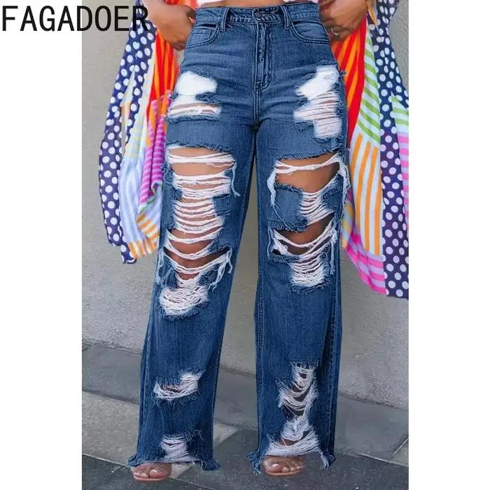FAGADOER mode trou droit jean pantalon femmes taille haute bouton poche ample Denim pantalon bleu décontracté femme Cowboy bas