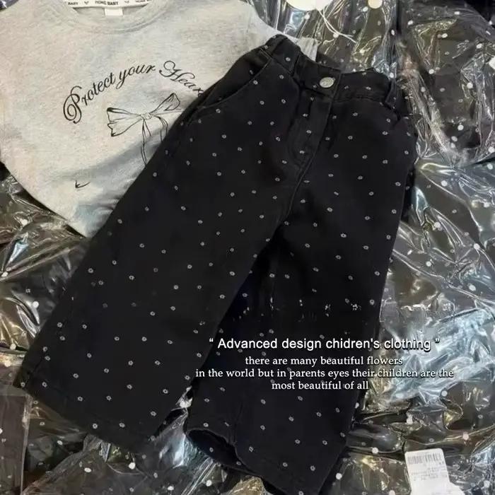 Jeans pour filles printemps nouveau pantalon ample à jambes droites polyvalent imprimé complet pantalon à jambes larges à fleurs jean pour enfants à la mode pour les filles
