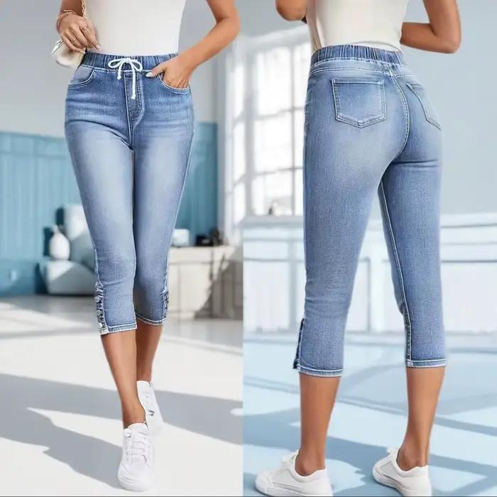Nouveau Jean Capri Femme Été Style Européen et Américain Taille Élastique Coupe Ajustée en Denim Rétro
