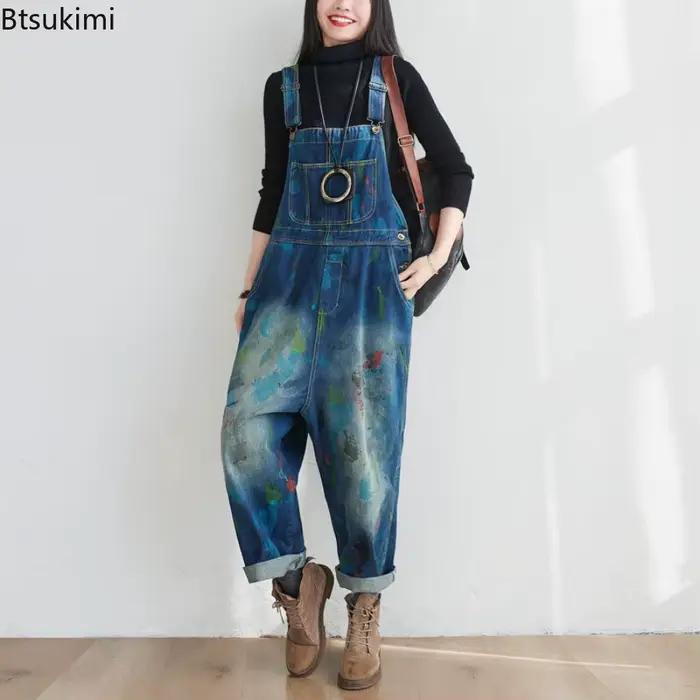 Salopette en jean délavé vintage pour femme, mode d'automne décontracté, style coréen, pantalon ample, streetwear, occasion quotidienne et festive