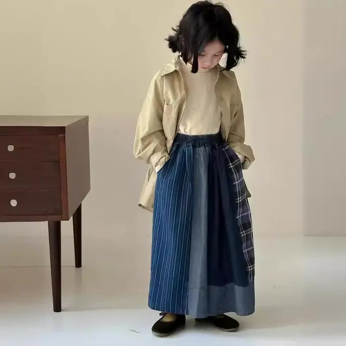 Pantalons pour enfants 2024 automne édition bébé fille coréen épissé plaid denim jambe pantalon enfants décontracté ample jambe large pantalon