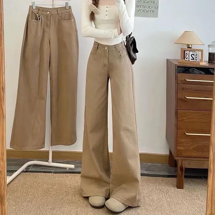 Jean large kaki pour femme, style rétro, taille basse, coupe ample, pantalon en denim uni décontracté pour femme