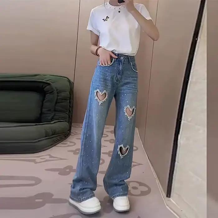 Love Jean Perforé incrusté de diamants et de perles pour femmes style streetwear été printemps occassions spéciales jeans perforés ajustement mince matériaux polyester coton style junior haute qualité