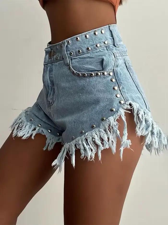 Jean court en Denim pour femme avec pompon