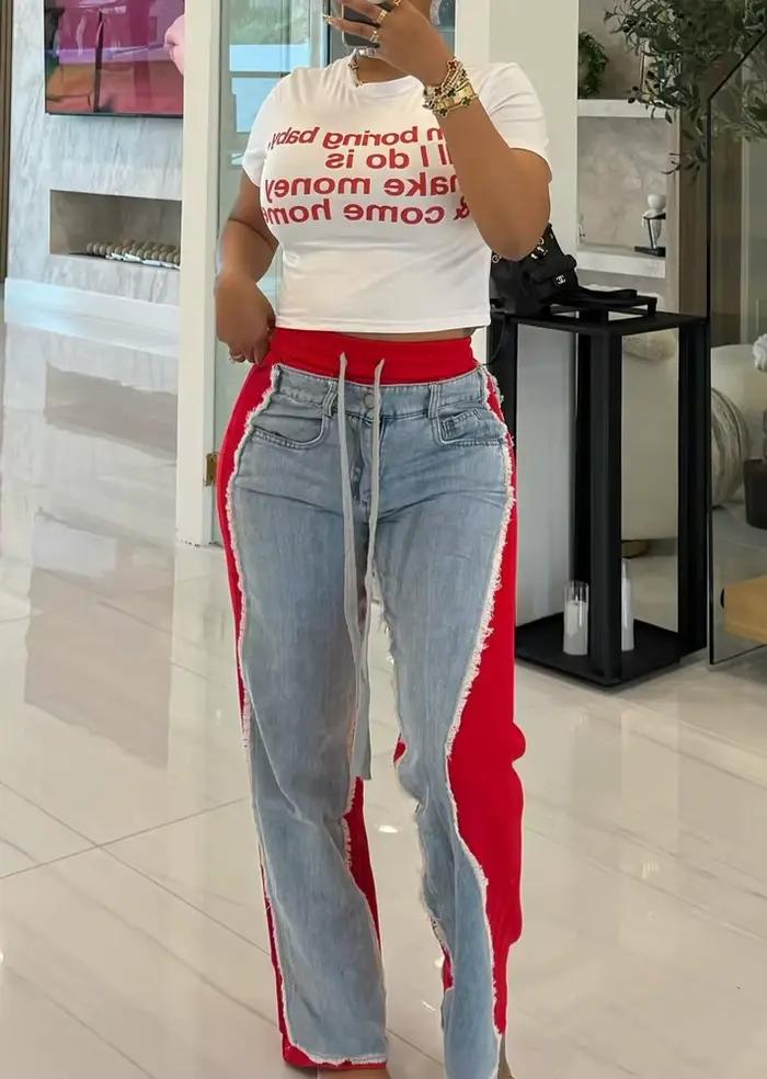 Jean Patchwork bicolore pour femmes, pantalon Y2k, taille haute, rayé, jambes droites et larges, cordon de serrage, pantalon en Denim, 2025