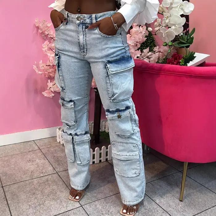 Jean Cargo Femme Coupe Droite Multi-Poches Taille Haute Extensible Denim Vintage Délavé Streetwear 2026
