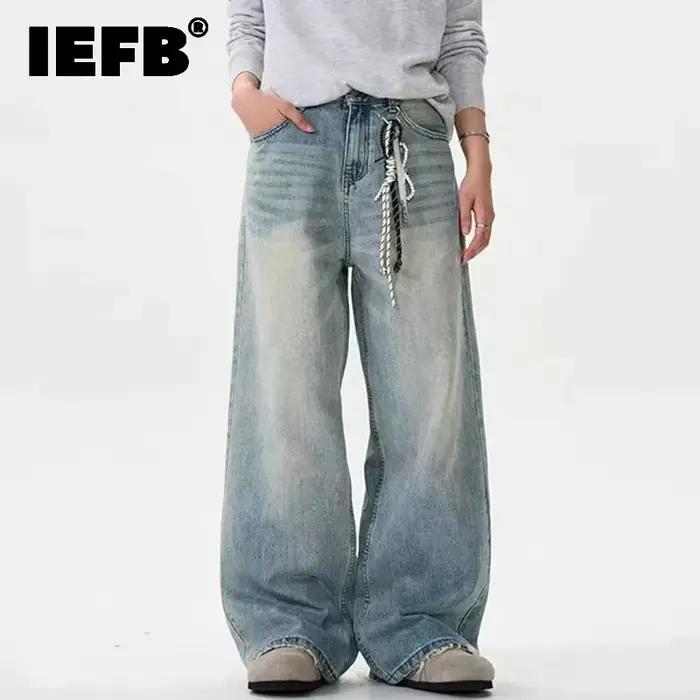 IEFB jean en détresse couleur unie lavage été hommes pantalon ample jambe large décontracté droit bouche effet mâle bas 9W665