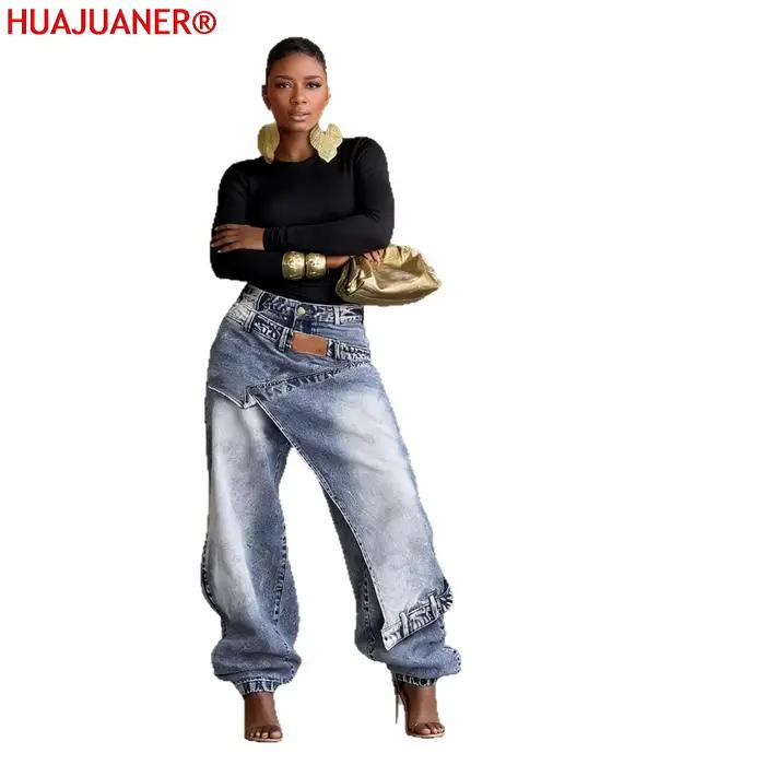 Jeans femme vintage coupe large délavé streetwear patchwork patches pantalon droit effet usé longueur ras du sol printemps 2026