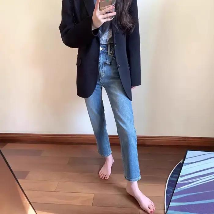 Jean droit rétro bleu coupe baguette pour femme, nouvelle collection printemps 2026, pantalon taille haute pour femme