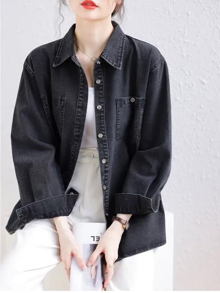 Chemises en Denim Vintage noires fines pour femmes