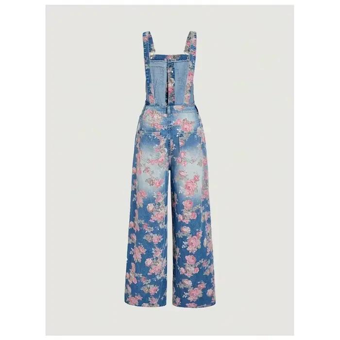 Salopette en jean vintage délavée à imprimé floral pour femme