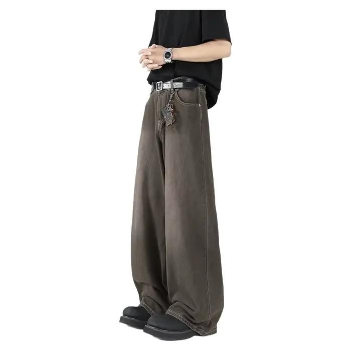 Jean ample pour homme coupe droite style urbain décontracté en denim teint rétro américain taille mi-haute avec fermeture éclair – Nouvelle collection printemps