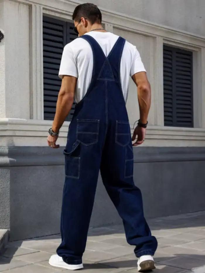 Salopette en denim bleu foncé ample pour homme sans manches ajustement lâche coupe décontractée pour quatre saisons ocassions diverses confort maximal