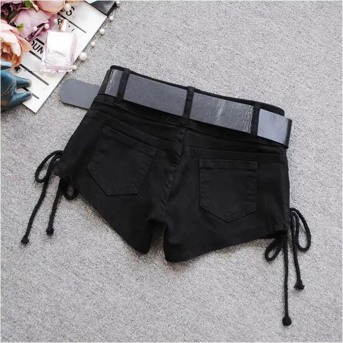 Short en jean coréen taille basse 2024 - Riveté à lacets moulant noir pantalon chaud Vintage effronté butin été TikTok Y2K tenue