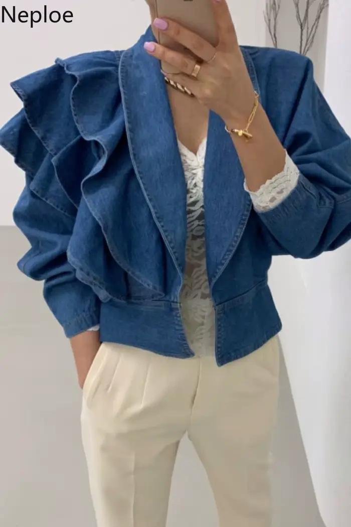Neploe automne 2025 femmes vêtements recadrée Denim veste Vintage col rabattu manches bouffantes volants haut court coréen Jean manteau