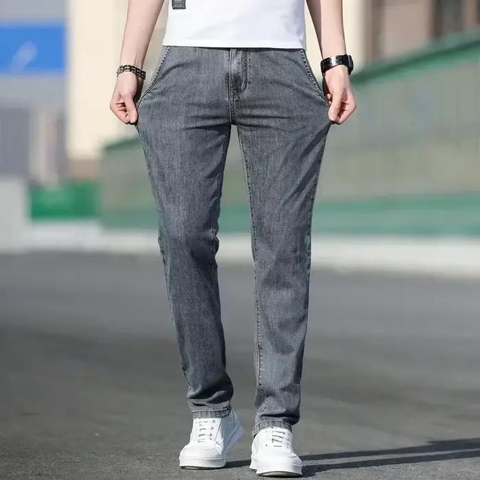 2025 été nouveaux hommes ample gris jean mode décontracté Stretch jambe droite Denim pantalon mâle bleu clair