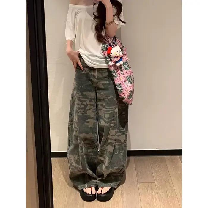 Jean Vert Militaire Femme Taille Haute Vintage Coupe Droite Ample Hip Hop Mode Américaine Jambe Large Denim Y2K